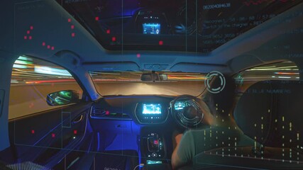 Wall Mural - The man driving the auto on holographic background. hyperlapse