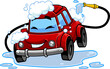 Red Car Cartoon Character Washing Itself Over Car Wash. Vector Hand Drawn Illustration Isolated On Transparent Background