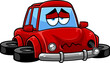 Sad Red Car Cartoon Character Crashed And Broken Vehicle. Vector Hand Drawn Illustration Isolated On Transparent Background