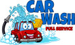 Automobile Cartoon Character Washing Itself Over Car Wash. Vector Hand Drawn Illustration Isolated On Transparent Background With Text