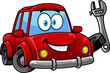 Cute Red Car Cartoon Character Holding Up A Wrench. Vector Hand Drawn Illustration Isolated On Transparent Background