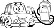 Outlined Happy Cute Car Cartoon Character At Gas Station Being Filled With Fuel. Vector Hand Drawn Illustration Isolated On Transparent Background