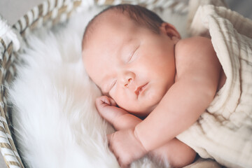 sleeping newborn baby in basket wrapped in blanket in white fur background. portrait of little child