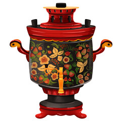 Image of a multi-colored samovar with khokhloma painting, the color of the samovar is black and red in Russian traditions