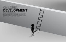 Silhouette Of Ready To Cross Over The Wall With Ladder. Concept Of Children Education And Learning.