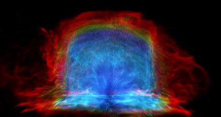 Poster - abstract rainbow colored portal exploring with particles. a burst of particles flowing like smoke. 3