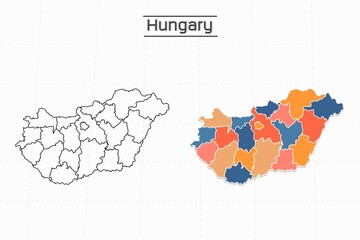 Hangary map city vector divided by colorful outline simplicity style. Have 2 versions, black thin line version and colorful version. Both map were on the white background.