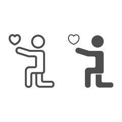 Fototapete - Man on his knees with heart line and solid icon, 8 March concept, man giving heart to his lover sign on white background, Marriage proposal man standing on his knee icon in outline. Vector graphics.