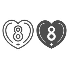 Fototapete - Eight in heart line and solid icon, 8 March concept, International Women Day greeting card sign on white background, Women day symbol in outline style for mobile and web design. Vector graphics.