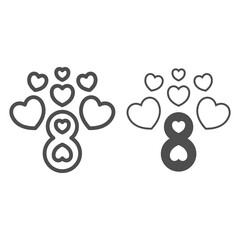 Fototapete - Eight number with hearts line and solid icon, 8 March concept, women day greeting card sign on white background, 8 march symbol in outline style for mobile concept and web design. Vector graphics.