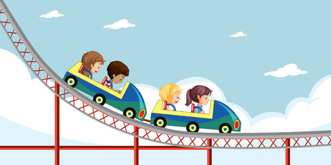 Wall Mural - Children ride roller coaster with sky background