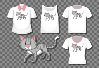 Sticker - Cat cartoon character with set of different shirts isolated on transparent background