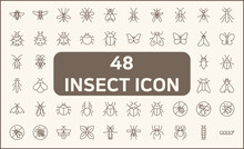 Set Of 48 Insect And Bug Line Style. Contains Such Icons As Mosquito, Mantis, Moth, Ant, Bug Stick, Ladybug, Mite, Natural And Other Elements. Customize Color, Easy Resize.