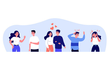 Wall Mural - Young couples in different relationships. Heart, friend, confrontation flat vector illustration. Love and communication concept for banner, website design or landing web page