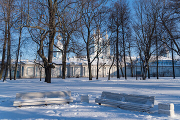 Wall Mural - View to Smolny Cathedral from Smolny park. Sunny winter day. Sankt Petersburg, Russia.