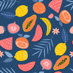 Wall Mural - vector seamless pattern with papaya fruits, lemons, oranges, bananas, watermelons, strawberries, figs and palm leaves. tropical pattern in a flat style. summer background