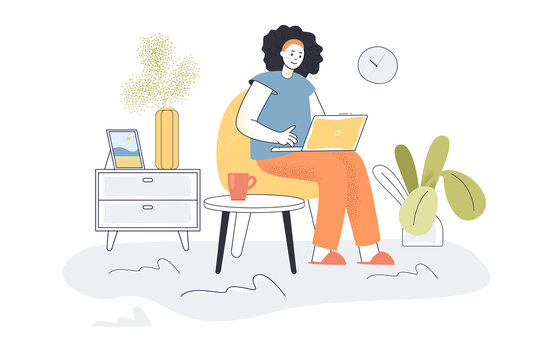 Young woman working on laptop from home. Female cartoon character with computer flat vector illustration. Home office, quarantine, freelancing concept for banner, website design or landing web page