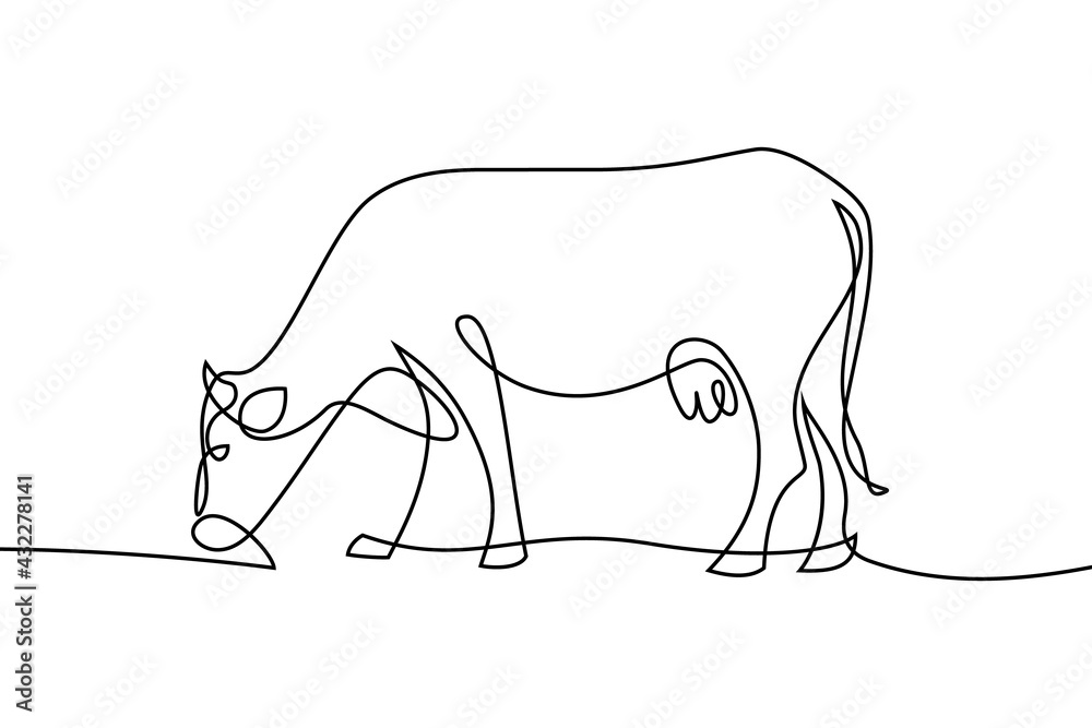 Cow on pasture in continuous line art drawing style. Grazing cow ...