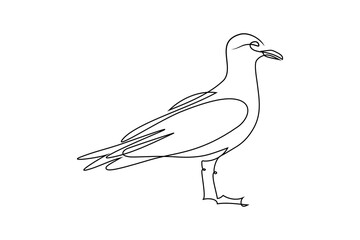 Seagull in continuous line art drawing style. Gull bird standing black linear sketch isolated on white background. Vector illustration