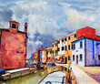 Beautiful day in Burano Island, boats and colorful houses along the canal. Architecture and landmarks of Venice, Italy. - watercolor painting.