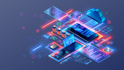 Leinwandbilder - Web develop mobile app, responsive site. Programming web page. Design templates website for different devices. Profession web developer. Development of layouts internet interfaces on laptop for phone.