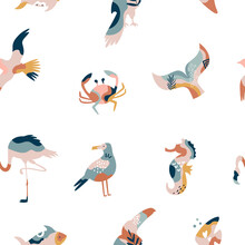 Abstract Seamless Pattern With Sea Animals And Birds