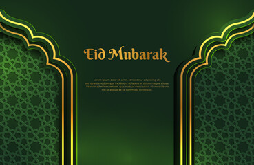 Wall Mural - Luxury dark green and gold background banner with islamic arabesque mandala ornament. Eid mubarak design template