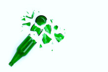 Broken Green Bottle, Glass Shards Isolated On White Background.