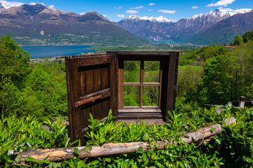 Old wooden window on a beautiful panorama