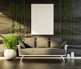 Wall Mural - Vertical poster tempalte in a room with dark walls. Template for images. 3D rendering.