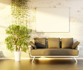 Wall Mural - Empty poster on a wall in a interior with a morning light. Sofa and big home plant. 3D rendering.