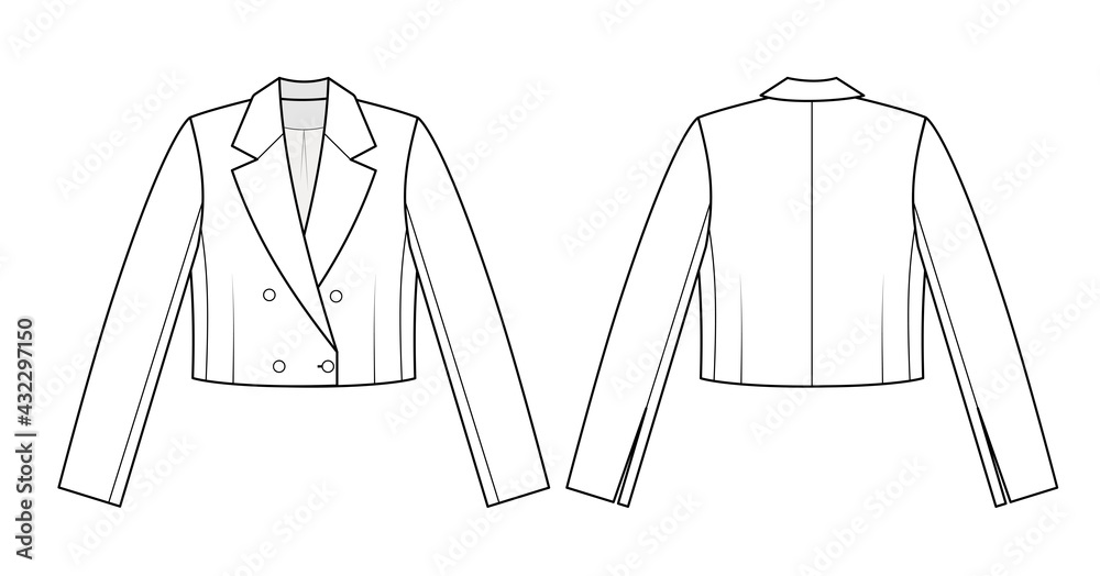 Fashion technical drawing of spencer jacket. Fashion flat sketch of short jacket.