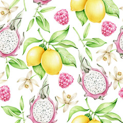 seamless pattern with fruits and berries.lemon,dragon fruit,raspberry