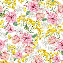 Watercolor Wild Flowers Seamless Pattern. Meadow Pink Peonies Flowers Peonies And Floral, Bright Bloom For Textile Fabric, Wrapping Paper, Wallpaper Decor, Scrapbook Paper, Kids Decor.