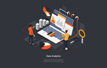 Poster - Illustration On Dark Background. Data Analytics, Info Checkup Concept. Isometric Vector Composition In Cartoon 3D Style With Objects And Text. People Standing Near Laptop With Charts And Diagrams