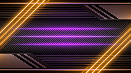 Wall Mural - Sci Fy Neon Glowing Lamps On Dark Perforated Wall. Abstract Technology Background. 3D Rendering.