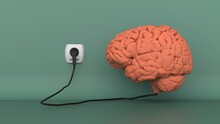 Human Brain Charging Near The Blue Wall By The Plug With Cable Connectd To The Socket 3d Render Image