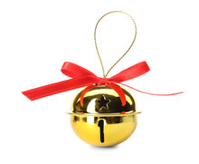 Shiny Golden Sleigh Bell With Ribbon Isolated On White