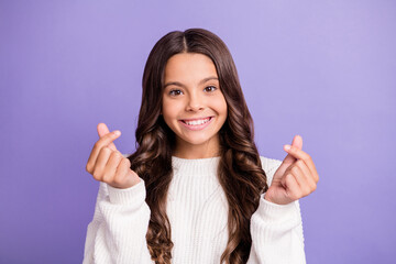 Poster - Portrait of young happy smiling cheerful good mood cute girl asking money isolated on violet color background