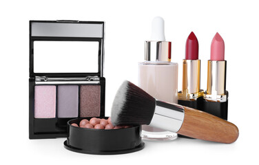 Different luxury cosmetic products on white background