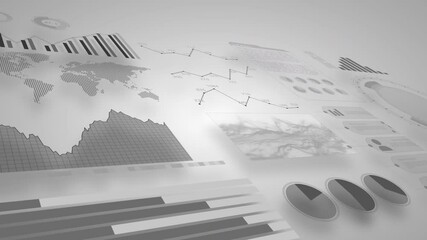 Fototapete - Business infographic with 3D animated charts and graphs in gray color on white background. Stock market and financial presentation.