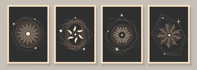 Wall Mural - Abstract contemporary art with celestial geometry shapes. Esoteric mystical celestial stars sacred wall art. Wall decor painting. Minimalistic background design. Vector illustration.