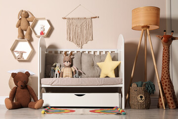 Sticker - Cozy room with stylish furniture and toys for baby. Interior design