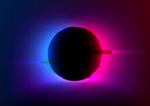 VHS Glitch Effect Background With Vivid Neon Blue Pink Light Behind The Black Circle. Eclipse Concept. Design Of Banner, Poster For Cybersport, And Advertising