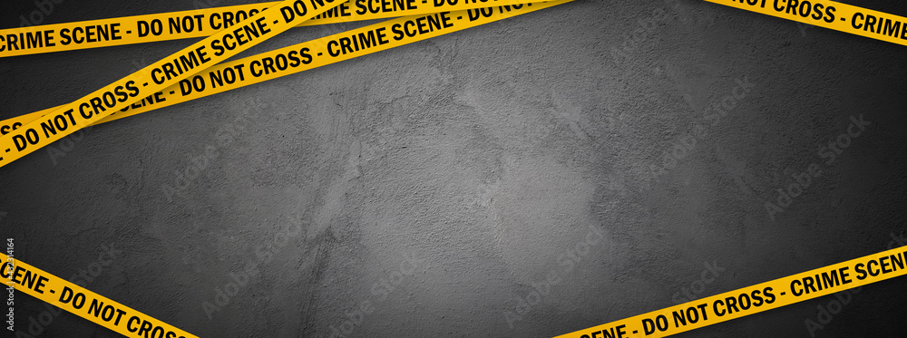 Yellow police line - do not cross on concrete wall background with copy space. Crime scene dark banner for true crime stories or investigations podcast. - obrazy, fototapety, plakaty 