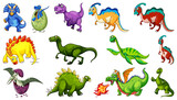 Fototapeta Dinusie - Different dinosaurs cartoon character and fantasy dragons isolated