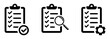 © Дмитрий Каулько - Clipboard icons set, isolated on white background. Checklist with check marks, gears and magnifying glass. Quality control line sign. Form icon. Clipboard with technical support checklist. Vector