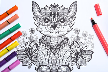 Poster - Felt tip pens on antistress coloring page, top view