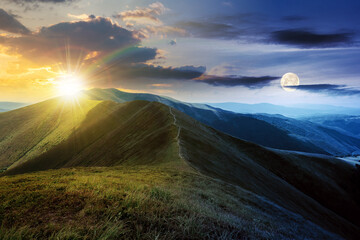 Wall Mural - day and night time change concept above mountain landscape in summer. grassy meadows on the hills ro