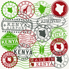 Kenya Set Of Stamps. Travel Passport Stamps. Made In Product. Design Seals In Old Style Insignia. Icon Clip Art Vector Collection.